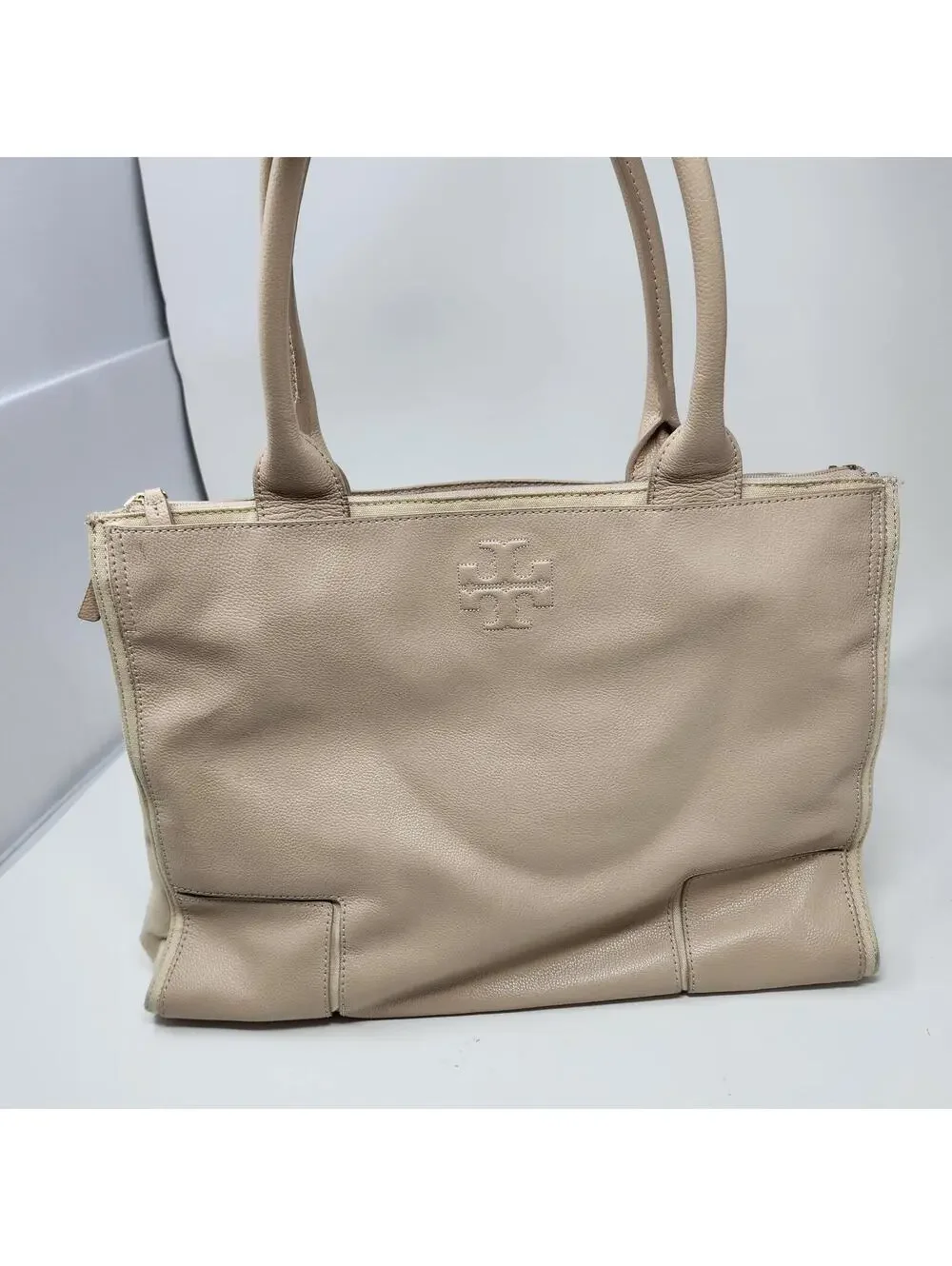 Tory Burch Beige Leather Tote Bag Double Zip Shoulder Bag Large Work Purse